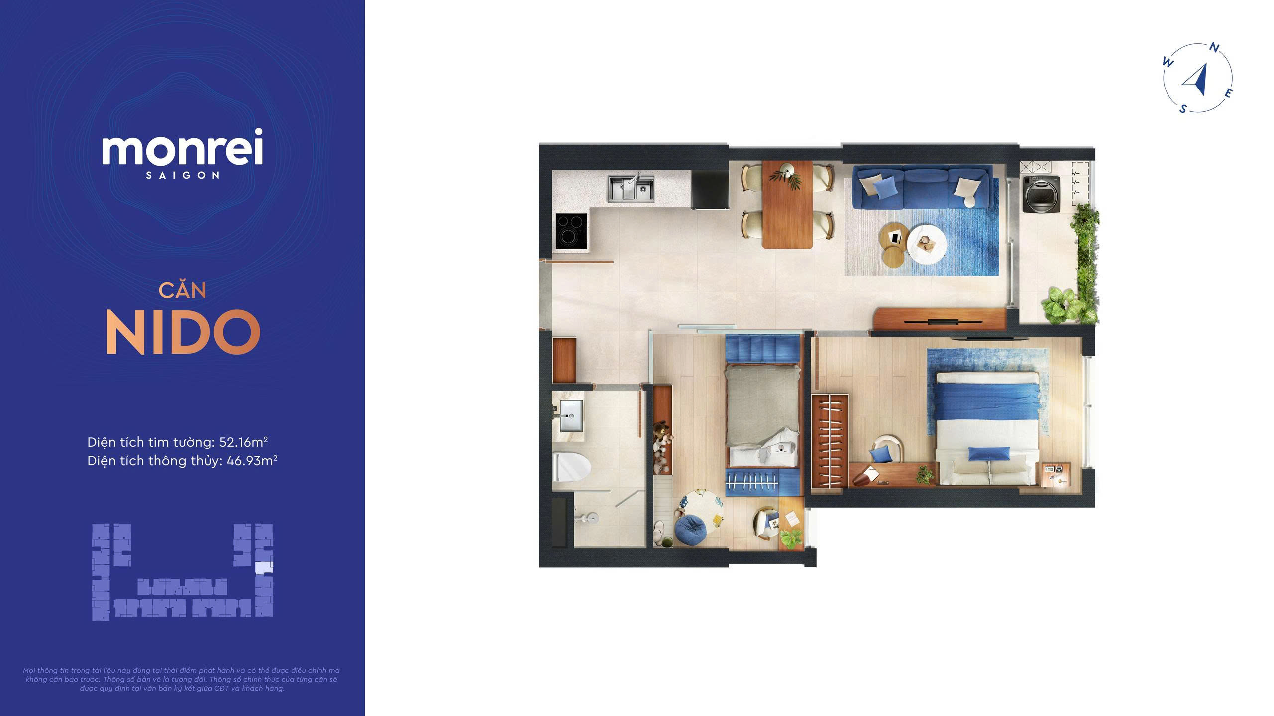 Layout căn hộ 2PN 1WC Monrei Saigon