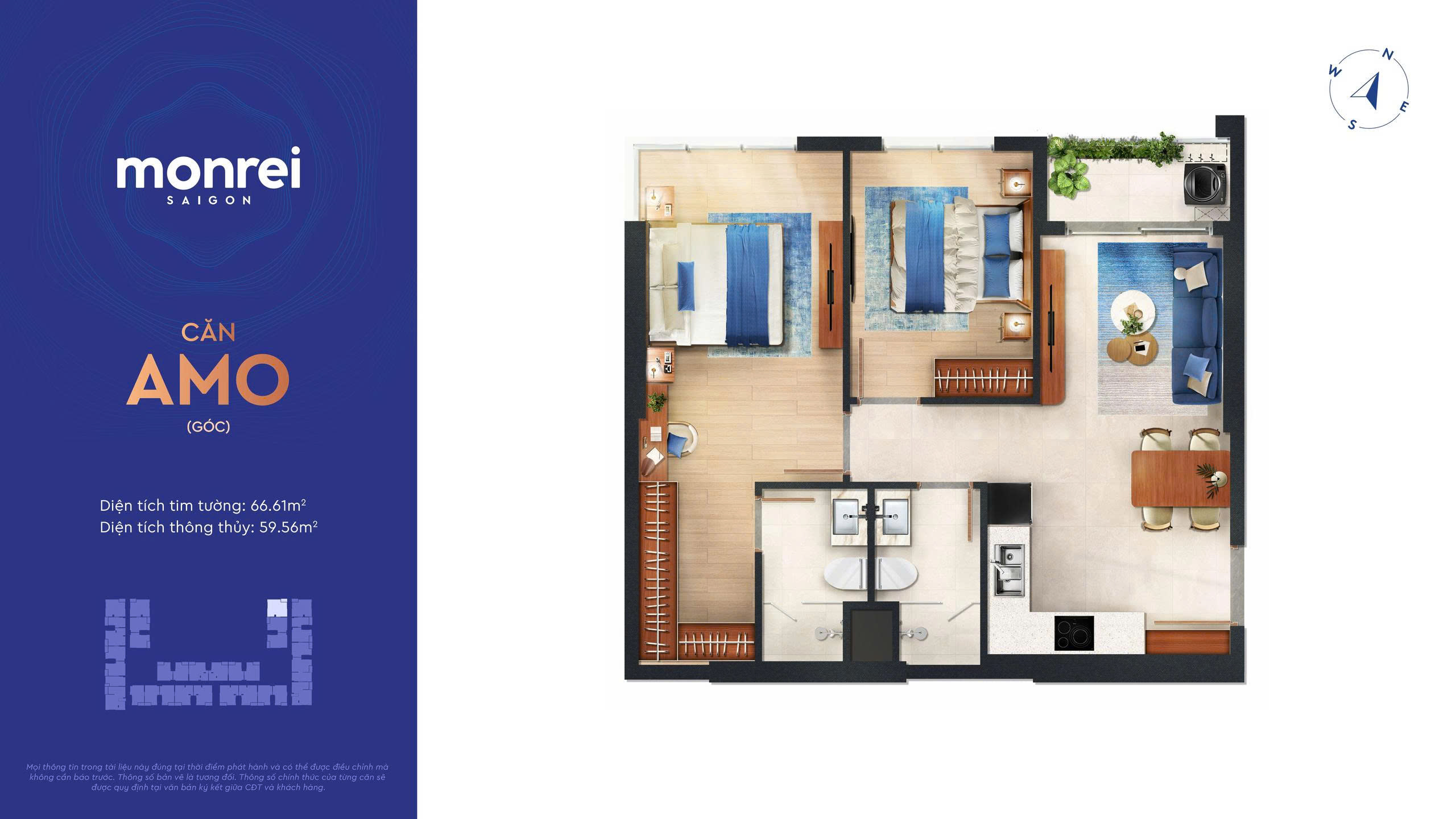 Layout căn hộ 2PN 2WC Góc Monrei Saigon