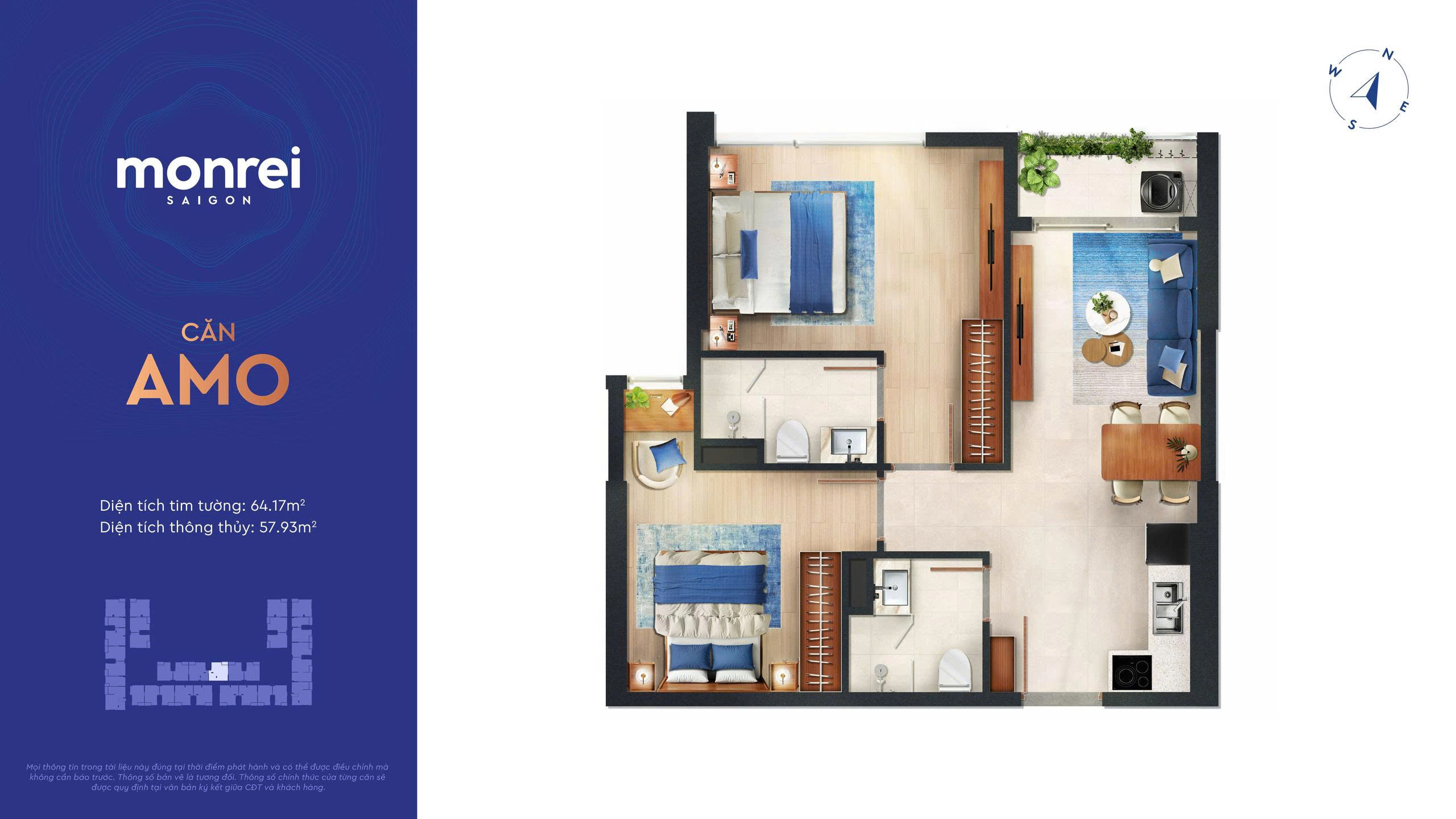 Layout căn hộ 2PN 2WC Monrei Saigon